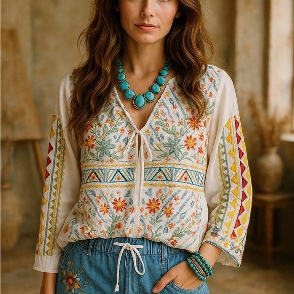 Johnny Was Tops - JOHNNY WAS EZRA HEAVILY EMBROIDERED BLOUSE TUNIC NWT
